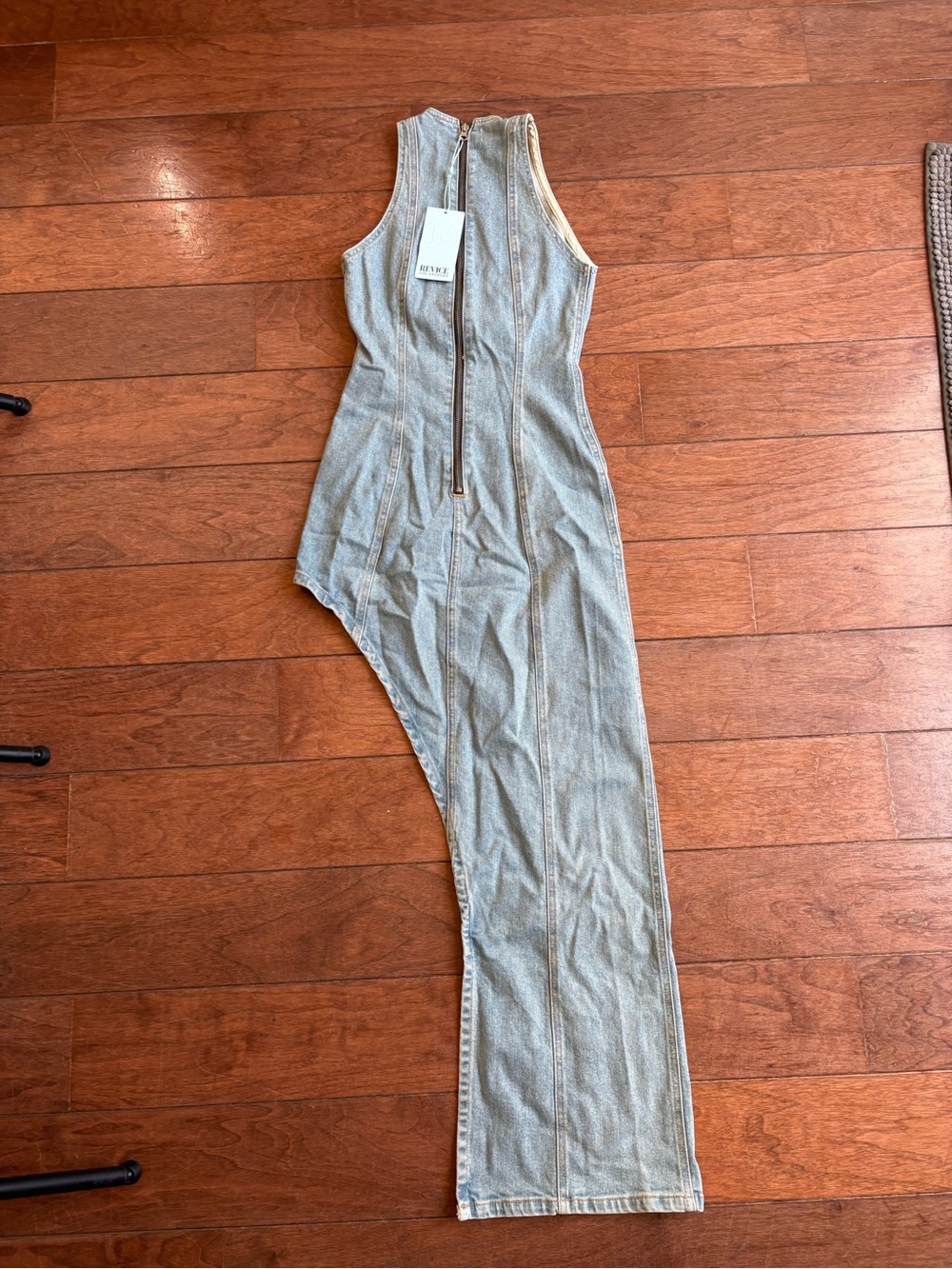 REVICE Light Blue Asymmetrical Denim Jumpsuit with Front Zip